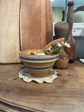 5 inch Yellowware Rustic Stoneware Mixing Bowl with Blue Stripes